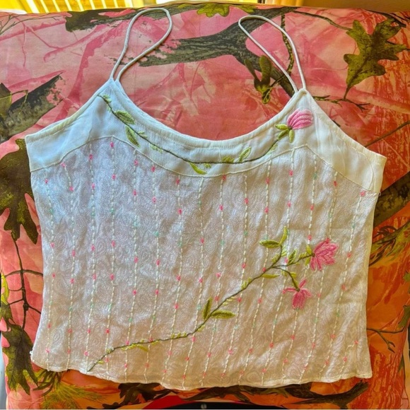 Papillon Blanc Tops - true vintage papillon beaded hand stitched floral tulip silk y2k camisole